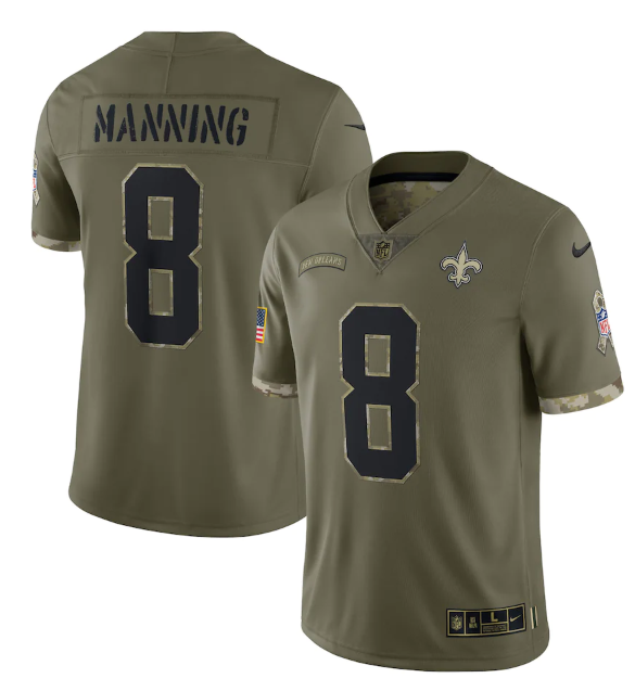 Men's New Orleans Saints #8 Archie Manning Olive 2022 Salute To Service Limited Stitched Jersey